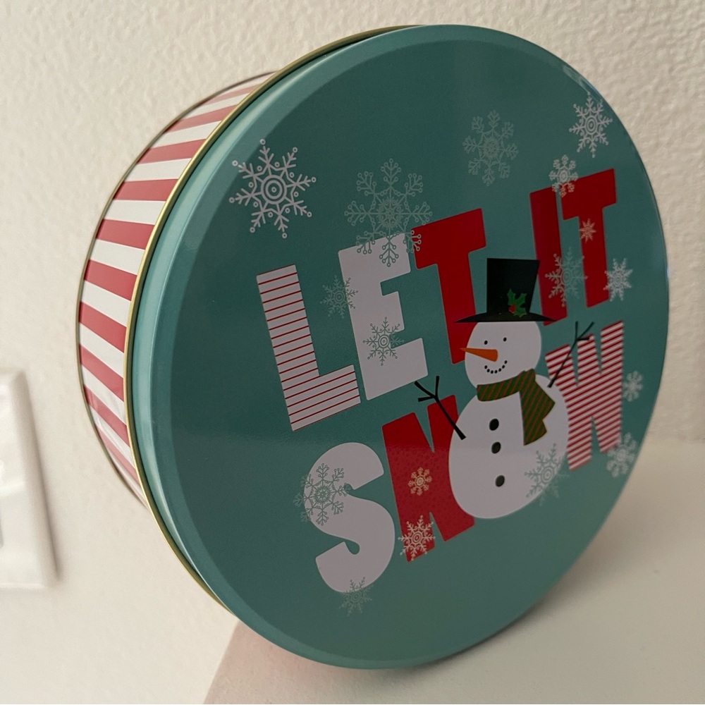 Let It Snow Round Metal Tin Holiday Snowman Storage Container Cookie Box